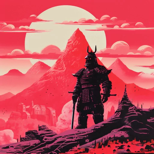 Samurai avatar with a stylized red and pink backdrop featuring mountains and the rising sun, ideal for a profile photo or pfp.