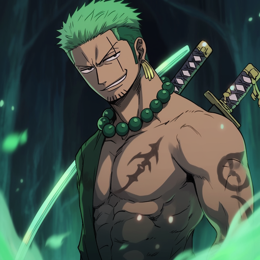 Confident pre time-skip portrayal of Roronoa Zoro from One Piece. Epic vibes.