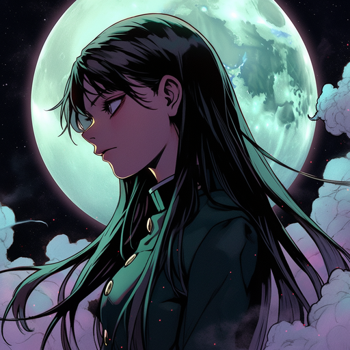 Moonlit anime girl with a serene expression, styled in Demon Slayer manga style.