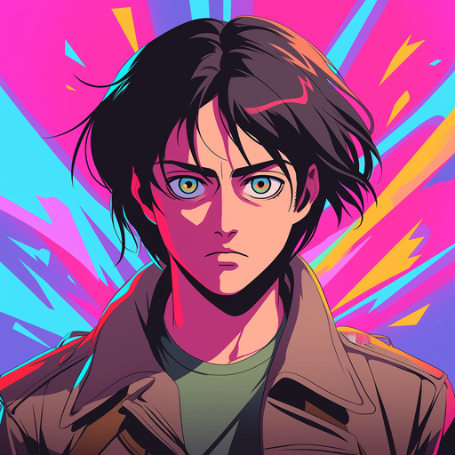 Animated stylized artwork of Eren Yeager from Attack on Titan, inspired by 80s aesthetics.