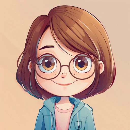 Smiling cartoon avatar with brown hair and glasses for social media profile picture.