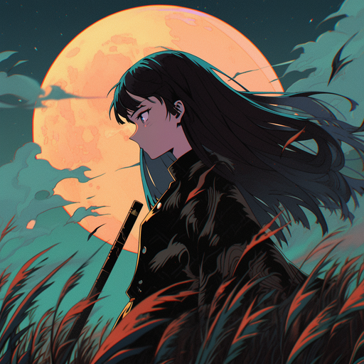 Anime character with blue hair, holding a sword, against a moonlit background.