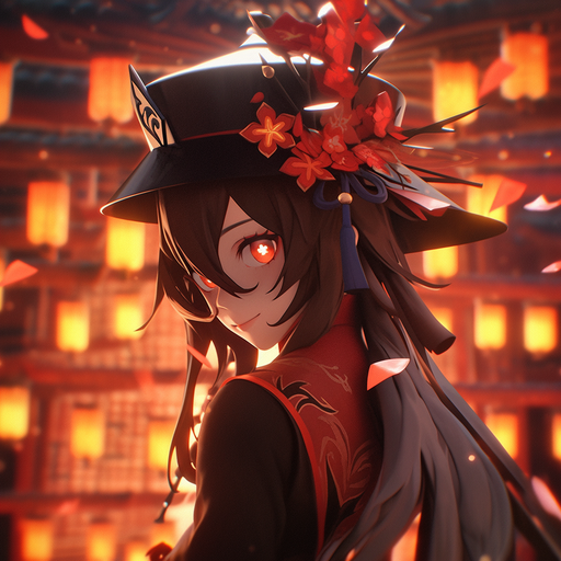 Hu Tao, a character from Genshin Impact, with anime-style artwork and a scenic background.