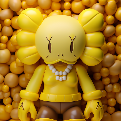 Yellow KAWS character with close-up detail.