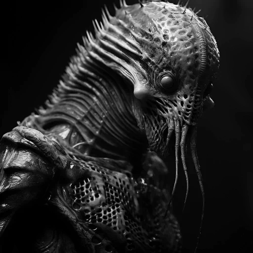 Black and white profile picture of a detailed alien avatar with textured skin and intricate design, ideal for a sci-fi themed pfp.