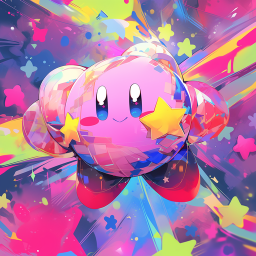 Kirby with Kaws-inspired design against an anime background.