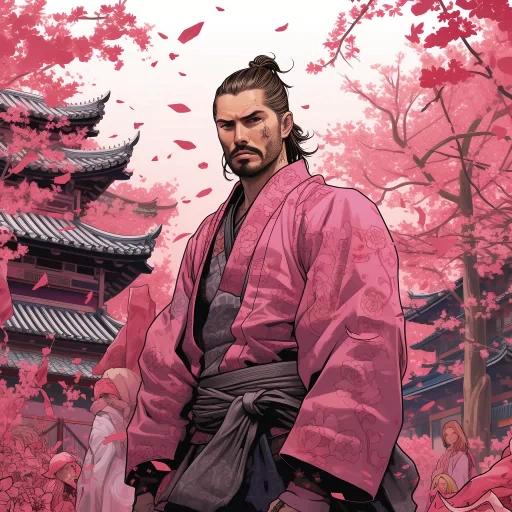 Samurai avatar with cherry blossoms for profile photo, featuring a detailed illustration of a samurai in traditional attire against a backdrop of a Japanese temple and pink sakura petals.