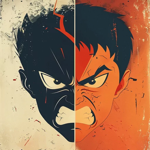 Split-style avatar image showing two fierce and angry comic book character faces against a splattered red and yellow background for a dynamic and intense profile picture.