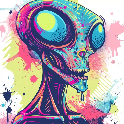 Colorful alien avatar with abstract art elements for a profile picture.