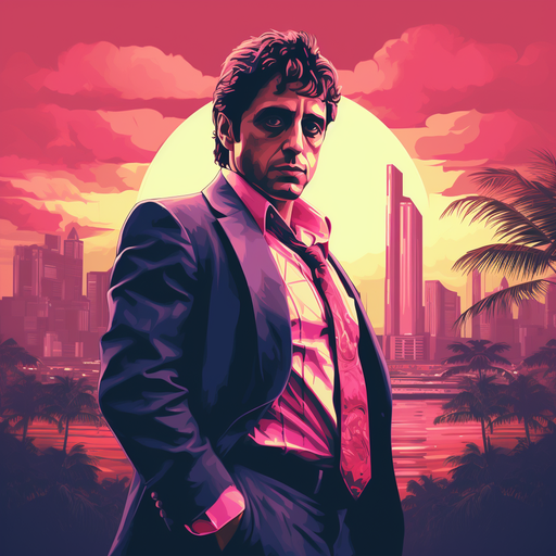 Retrowave-style portrait of Scarface-inspired character.