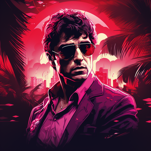 Retrowave-style illustration of Scarface, featuring vibrant colors, neon lights, and a powerful expression.