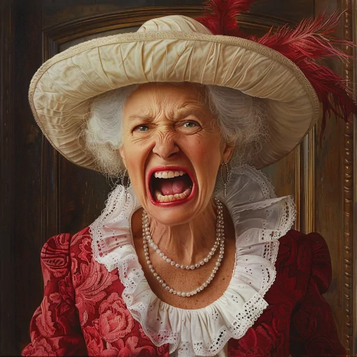 Avatar of an elderly woman character wearing a hat and pearls, expressing anger with a wide-open mouth yell.
