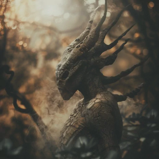 Mystical alien creature avatar with a textured scaly appearance in a misty forest setting for a profile picture.