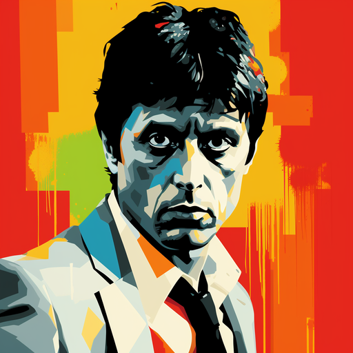 Pop art style image of Scarface, featuring vibrant colors and bold lines.
