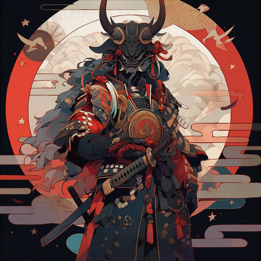 Samurai standing with katana, surrounded by vibrant colors and intricate patterns.