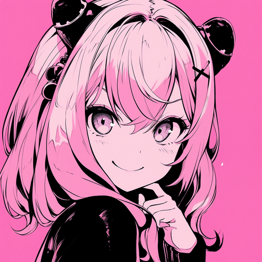 Smirking pink monochrome portrait of Anya, from Spy x Family anime.