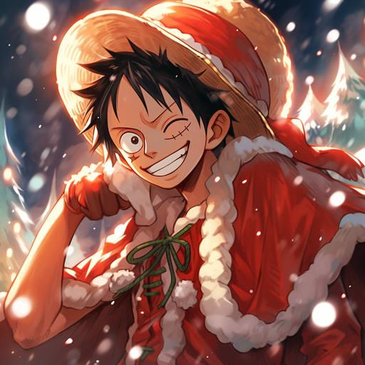 Christmas-themed portrait of Monkey D. Luffy, wearing a cheerful costume and looking happy.