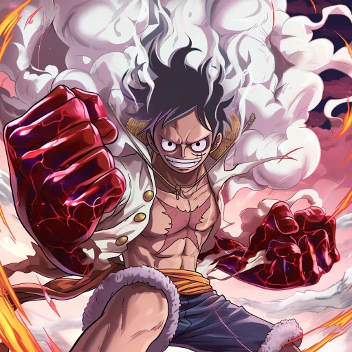 Gear 5 Luffy avatar with intense expression and fiery background, perfect for a profile photo or PFP.