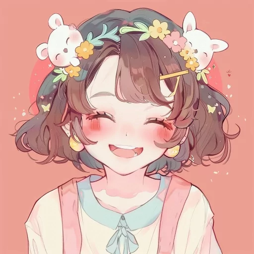 Illustration of a cheerful smiling avatar with floral adornments, representing a user's profile photo.