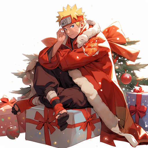 Animated character in humorous Christmas attire, inspired by Naruto, the popular anime series.