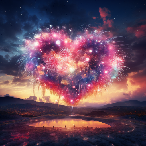 Colorful heart-shaped fireworks bursting in the night sky.