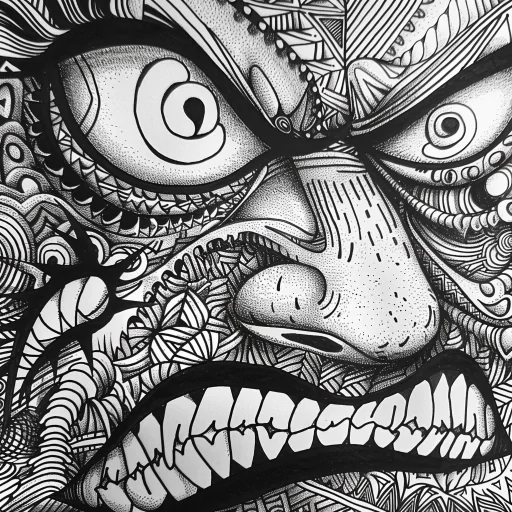 Black and white drawing of an angry face with exaggerated features for a creative profile picture.