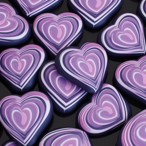 Abstract, sgrafitto-style heart paper cuts in purple, black, and red colors.