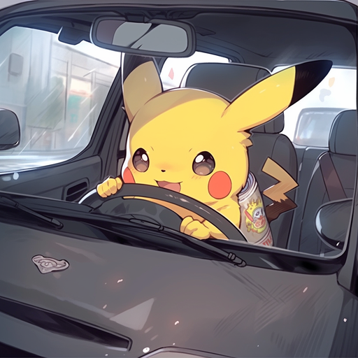 Pikachu driving a car in a colorful and lively scene.