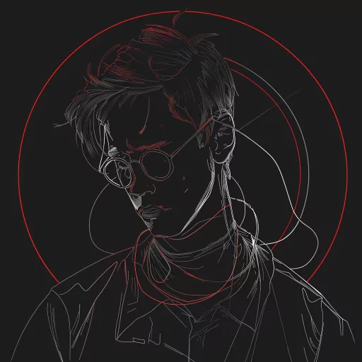 Stylish dark avatar with red outlines featuring a person with glasses and headphones.