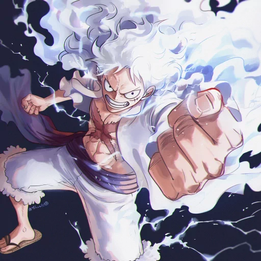 Illustration of Gear 5 Luffy from One Piece as a dynamic avatar, showcasing his powers with a fierce expression and a punch pose.