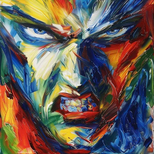 Abstract expressionist painting of an intense, angry face with bold brushstrokes in vivid colors, used as a profile picture/avatar.