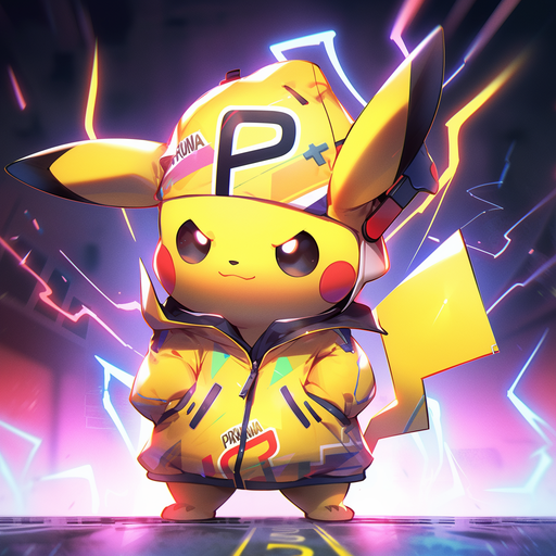 Colorful Pikachu character with a Japanese car theme.