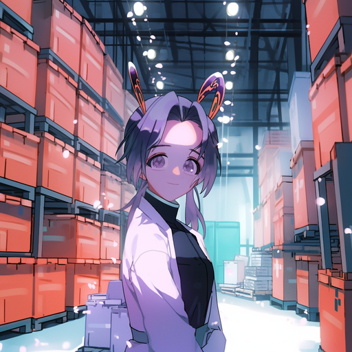 Smiling Shinobu with a stylish flair in a warehouse photoshoot.