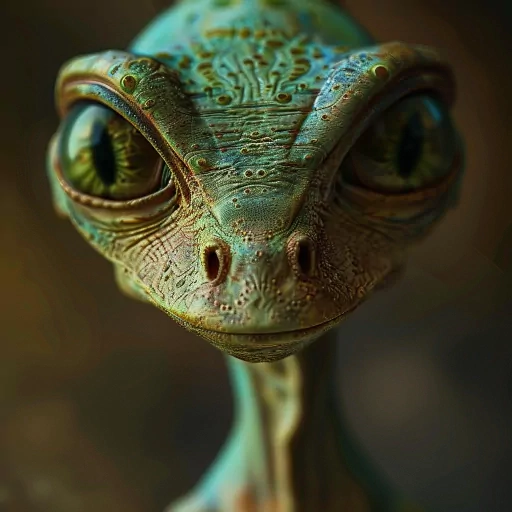 Alien avatar with intricate textures and large green eyes for a profile photo.