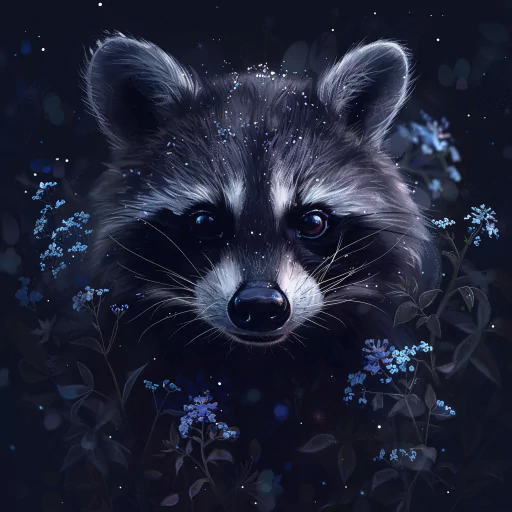 Avatar of a raccoon face surrounded by night-themed flora with a dark background.