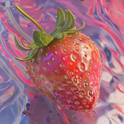 Vibrant strawberry profile picture with water droplets, set against an abstract colorful background.