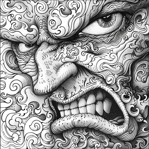 Black and white intricate angry face illustration for profile picture.