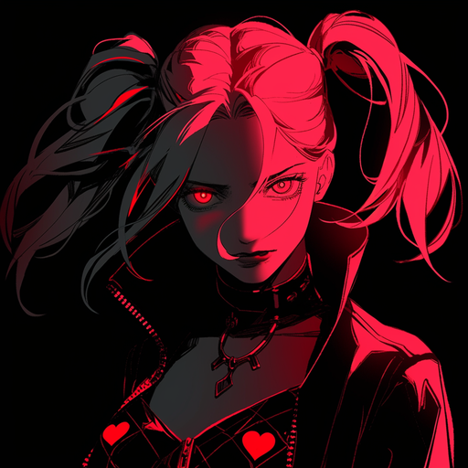 Monochrome profile picture of Harley Quinn with vibrant red and contrasting colors.