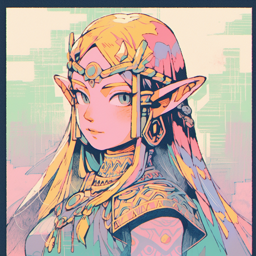 Colorful portrait of Princess Zelda wearing a crown, with a stylized graphic design aesthetic.