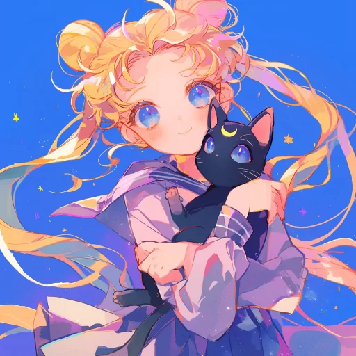 Illustration of a Sailor Moon inspired avatar featuring a character with blonde hair and blue eyes holding a black cat, against a starry sky background for a profile photo.