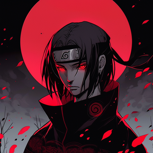 Itachi Uchiha: A portrait of a character from Naruto, featuring a headshot of Itachi with his Sharingan activated.