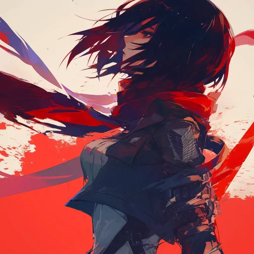 Stylized profile picture of Mikasa in action with a red scarf, from the anime series, with a dynamic red and white background.