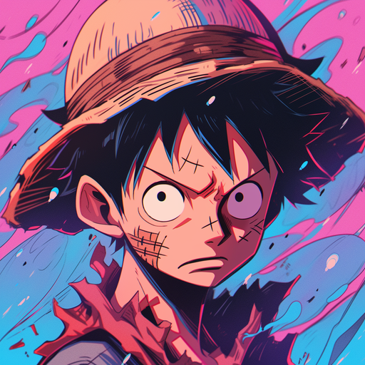 Litograph-style portrait of Luffy, the character from One Piece