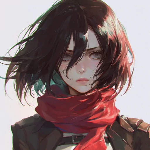Stylized Mikasa Ackerman avatar with wind-blown hair and a red scarf, perfect for a profile picture.