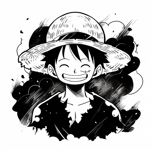 Black and white, manga-style portrait of Luffy from One Piece.