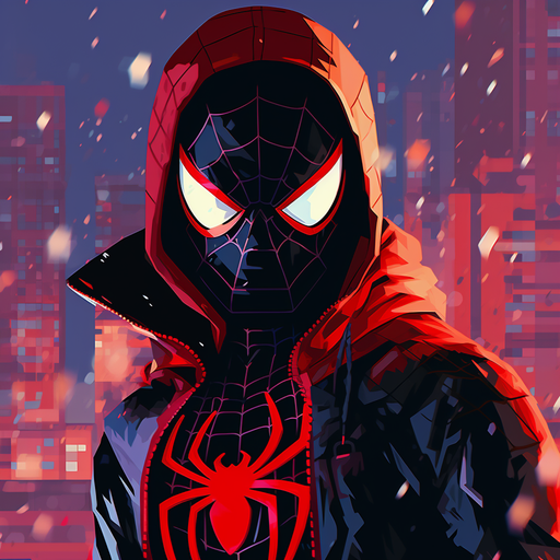 Miles Morales as Spiderman in 16-bit pixel art.
