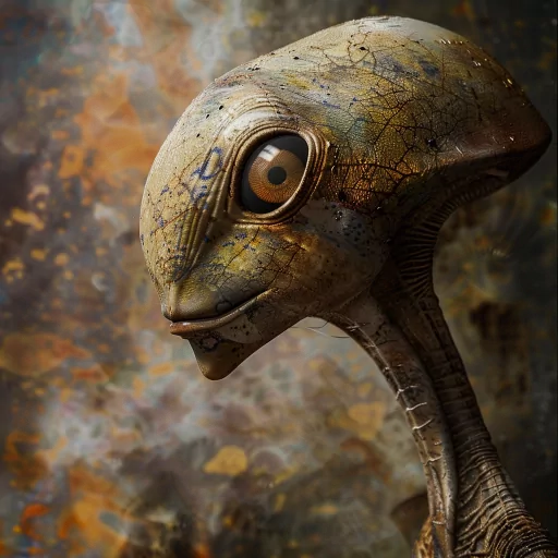 Artistic alien avatar with detailed textures and a large eye, set against an abstract background, perfect for a unique profile photo or pfp.