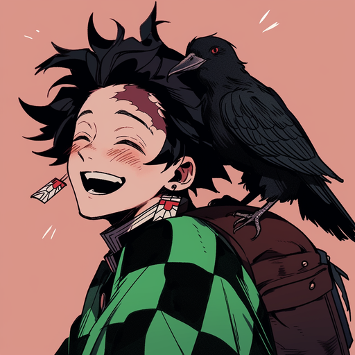 Tanjiro Kamado with a crow on his shoulder, looking cute and joyful.