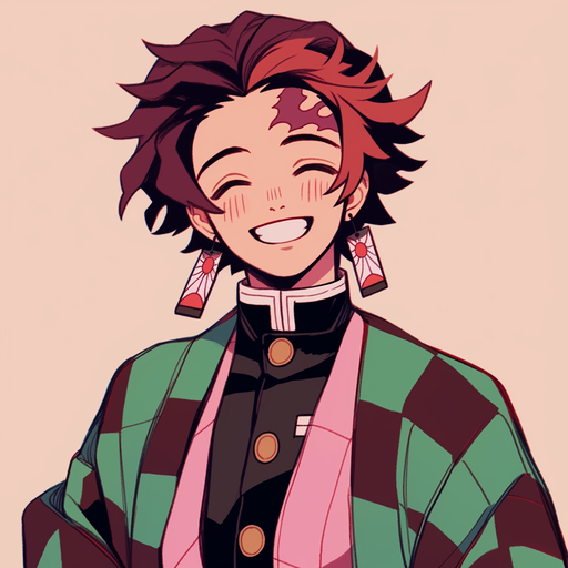 Tanjiro Kamado from Demon Slayer smiling in modern clothes.