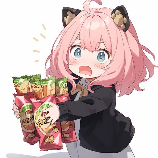 Anya from Spy x Family anime holding a bag of peanuts.